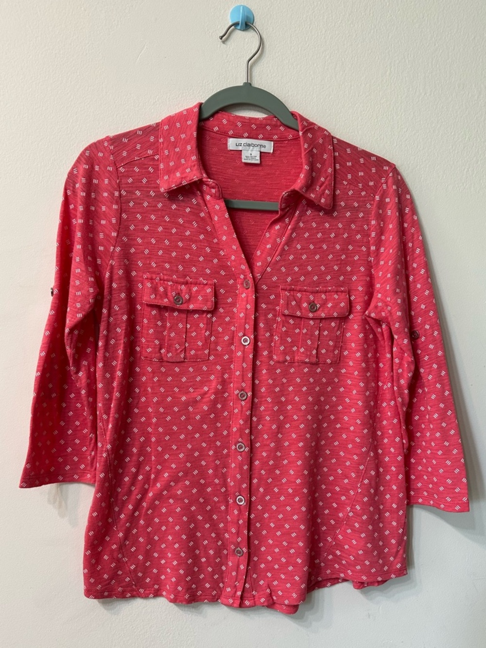 Liz Claiborne Red Geometric Collared Knit Button-Up 3/4 Sleeve Blouse S